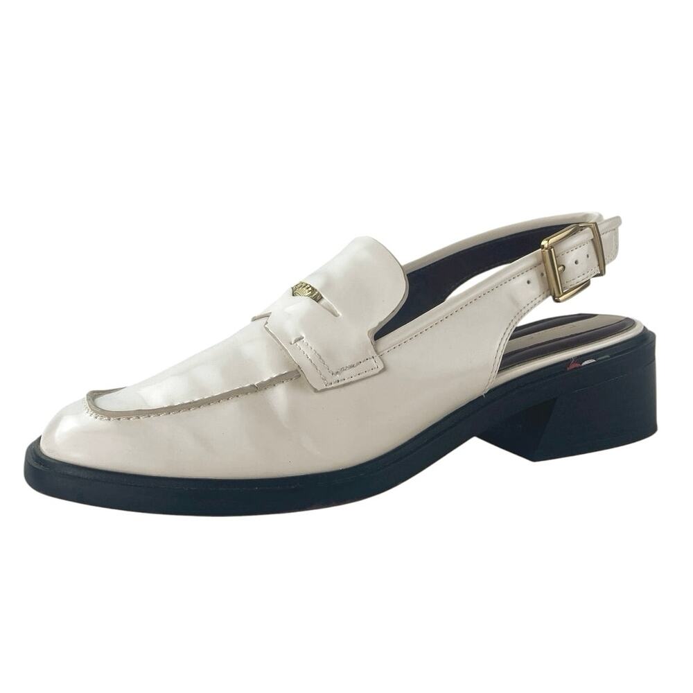 Franco Sarto Giada Cream White Leather Slingback Buckle Loafer Heels Shoes Sz 9M